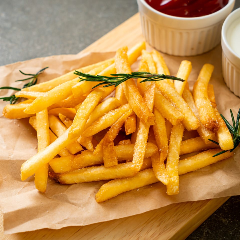 Golden french fries with rosemary sprigs on brown paper, with ketchup and mayonnaise in background.