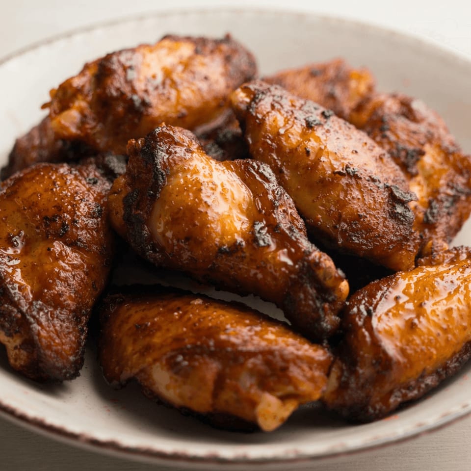 Close-up of JD's Grill House's glazed, crispy chicken wings on a white plate.