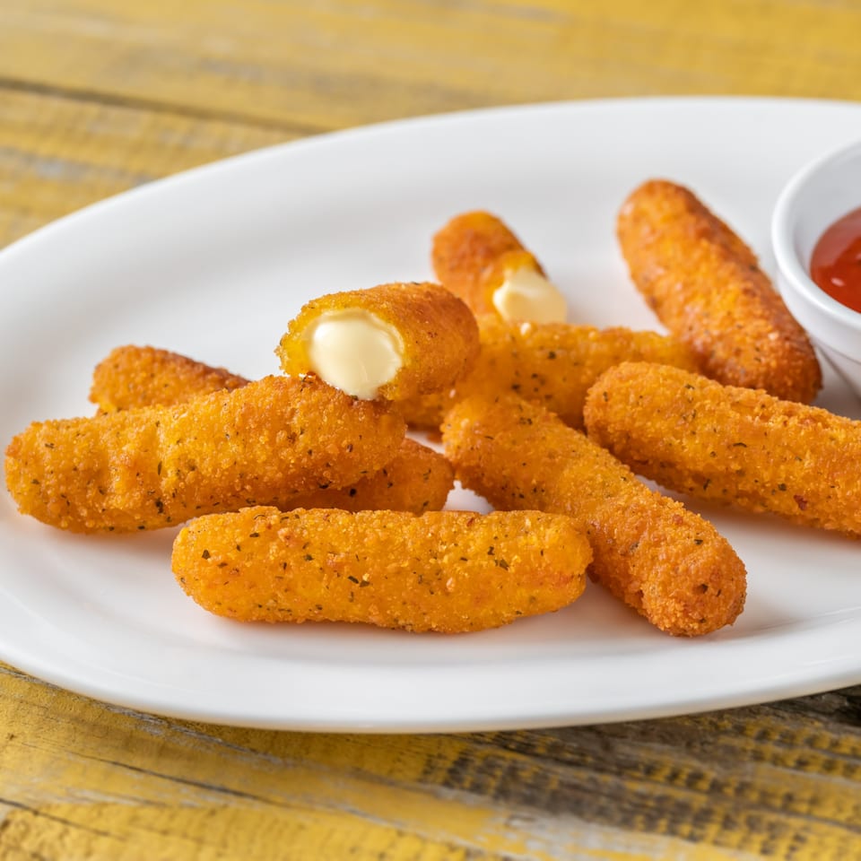 Golden-brown mozzarella sticks, one broken open to show melted cheese, with a side of ketchup on a white plate.